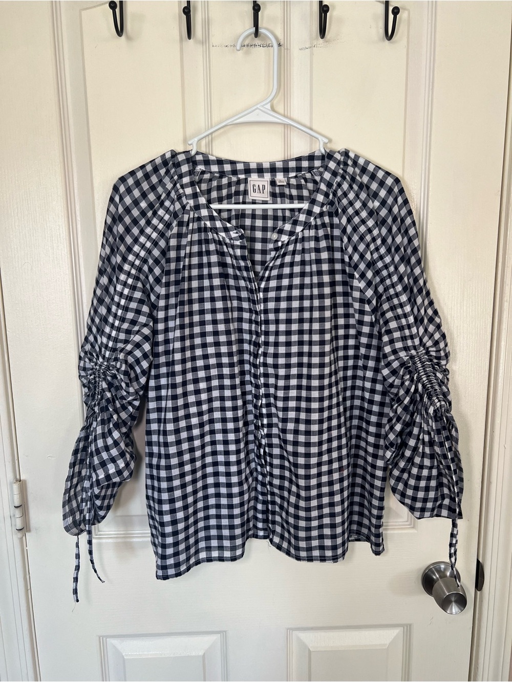 Gap Navy White Gingham Ruched Sleeve Peasant Blouse Large